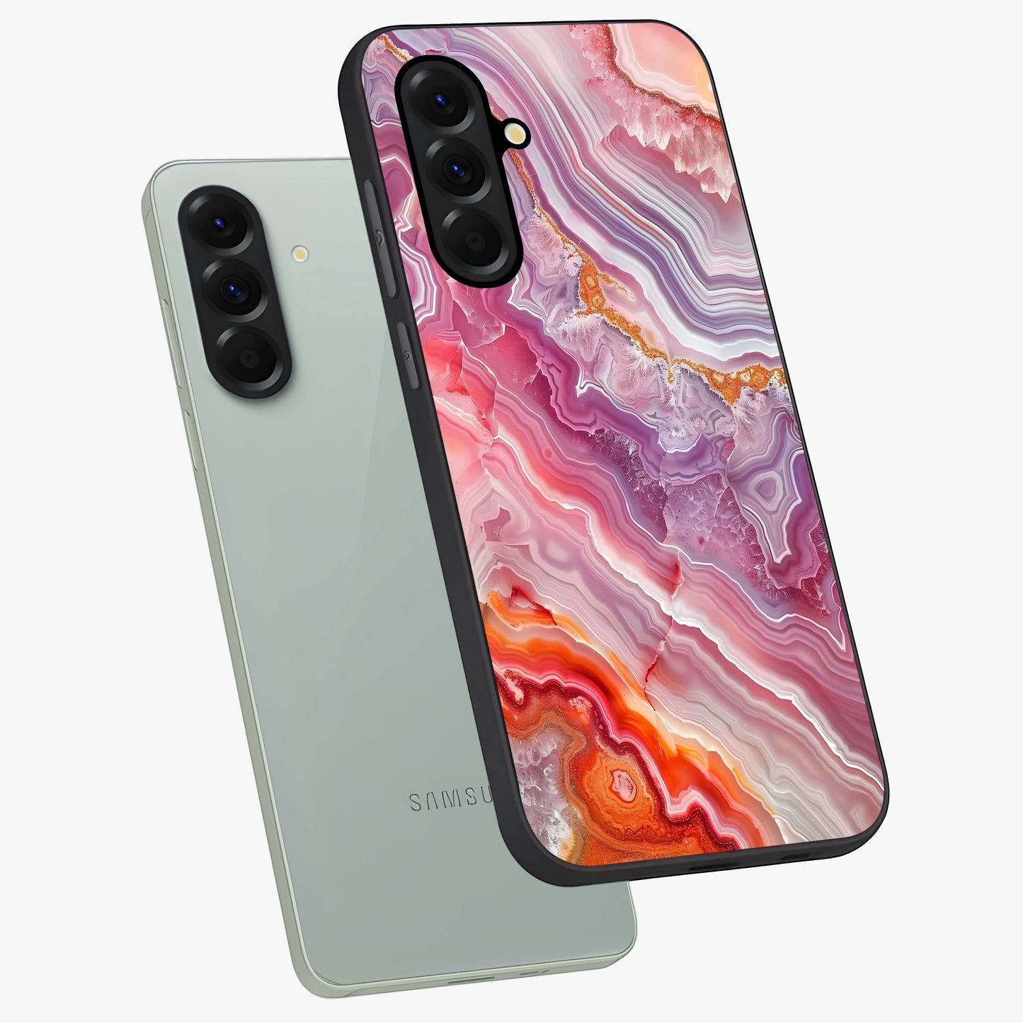 Rose Quartz Marble Glass Case displayed in angled mockup highlighting elegant marble pattern with soft aesthetic style.