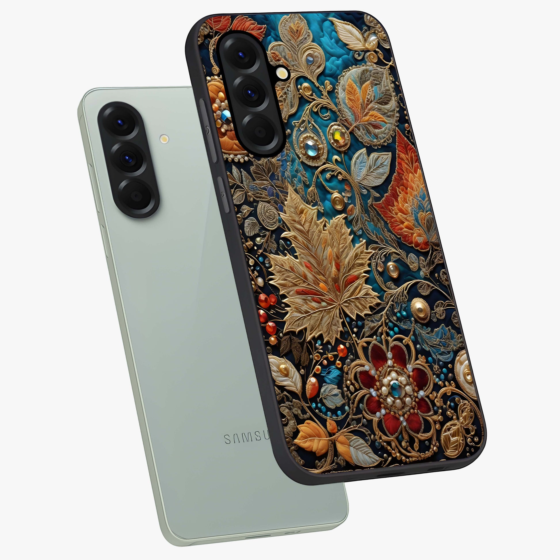 Royal Jewel Garden Glass Case displayed in angled mockup highlighting vibrant jewel inspired floral design with elegant aesthetic.