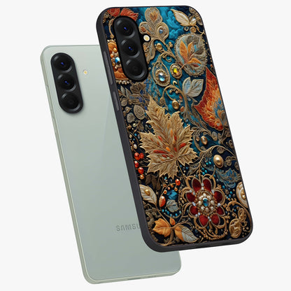 Royal Jewel Garden Glass Case displayed in angled mockup highlighting vibrant jewel inspired floral design with elegant aesthetic.