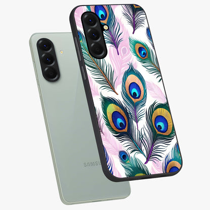 Royal Peacock Feathers Glass Case displayed in angled mockup highlighting vibrant feather pattern with regal aesthetic style.