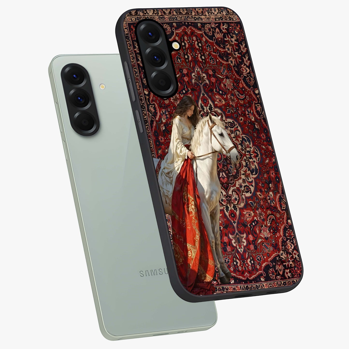 Royal Rider Tapestry Glass Case displayed in angled mockup highlighting traditional tapestry design with royal heritage aesthetic.