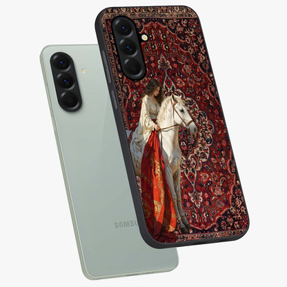 Royal Rider Tapestry Glass Case displayed in angled mockup highlighting traditional tapestry design with royal heritage aesthetic.