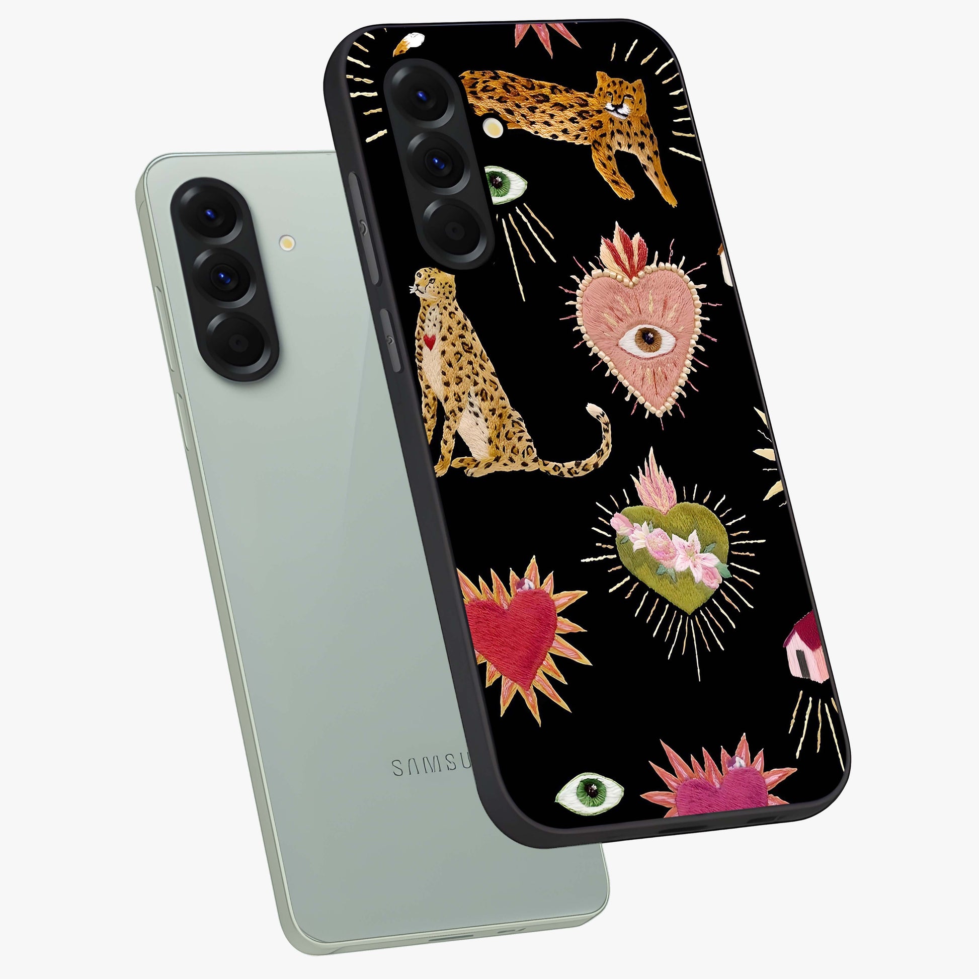 Sacred Jungle Heart Glass Case displayed in angled mockup highlighting lush tropical design with natural aesthetic style.