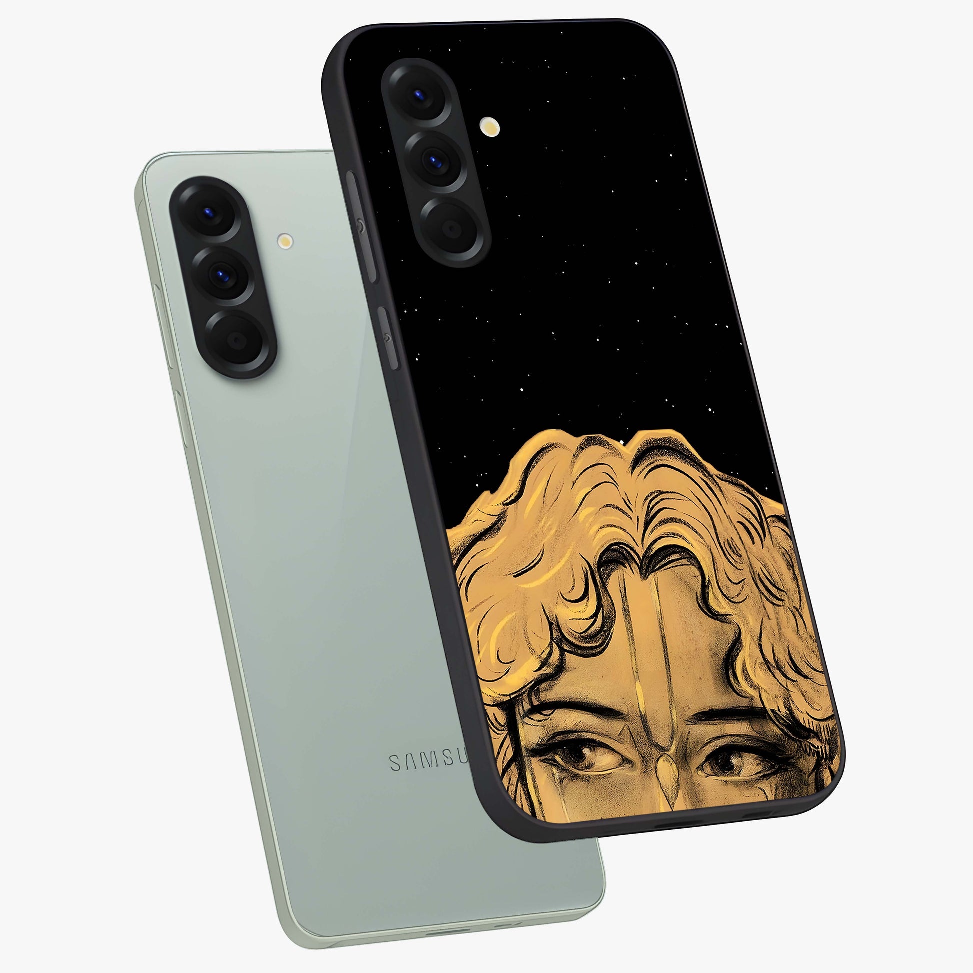 Shri Krishna Art Glass Case displayed in angled mockup highlighting spiritual Krishna illustration with divine aesthetic.