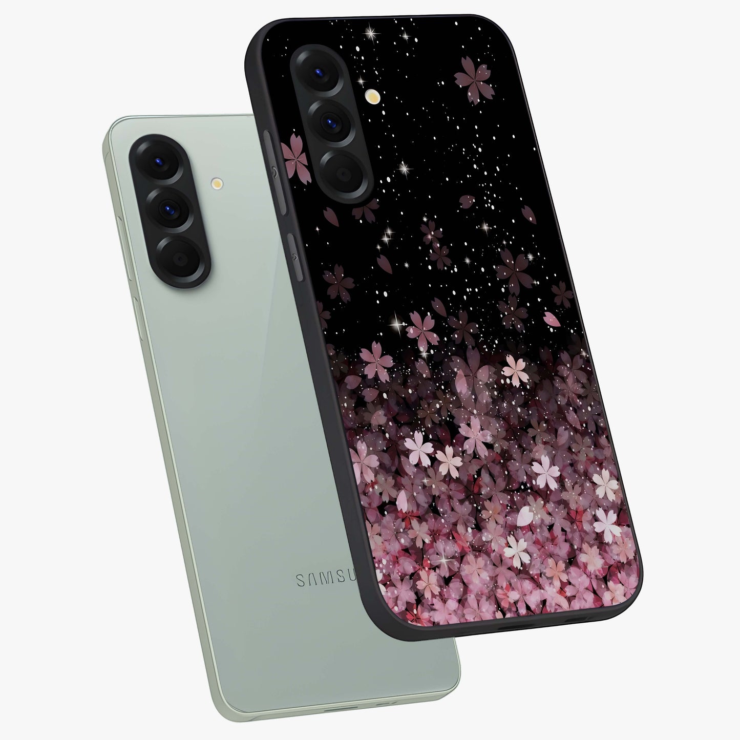 Small Starry Flowers Glass Case displayed in angled mockup highlighting tiny flower pattern with celestial aesthetic style.