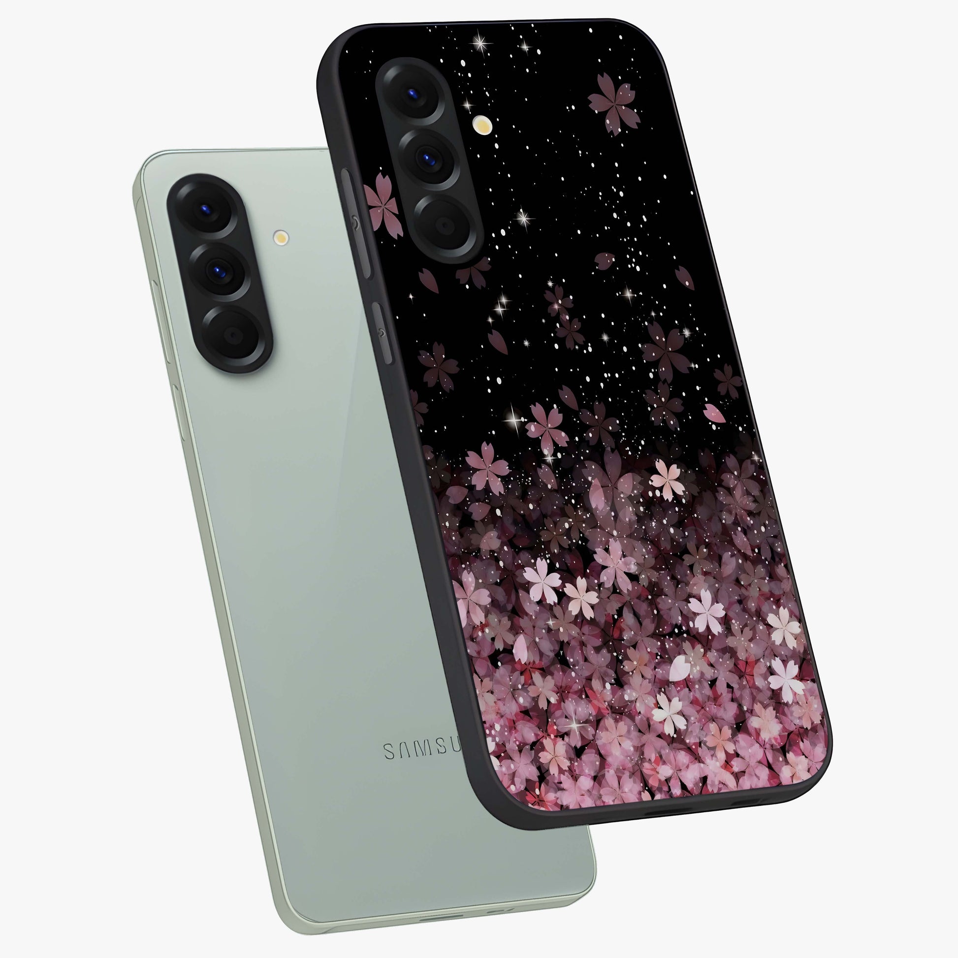 Small Starry Flowers Glass Case displayed in angled mockup highlighting tiny flower pattern with celestial aesthetic style.