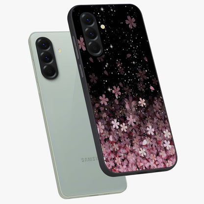Small Starry Flowers Glass Case displayed in angled mockup highlighting tiny flower pattern with celestial aesthetic style.