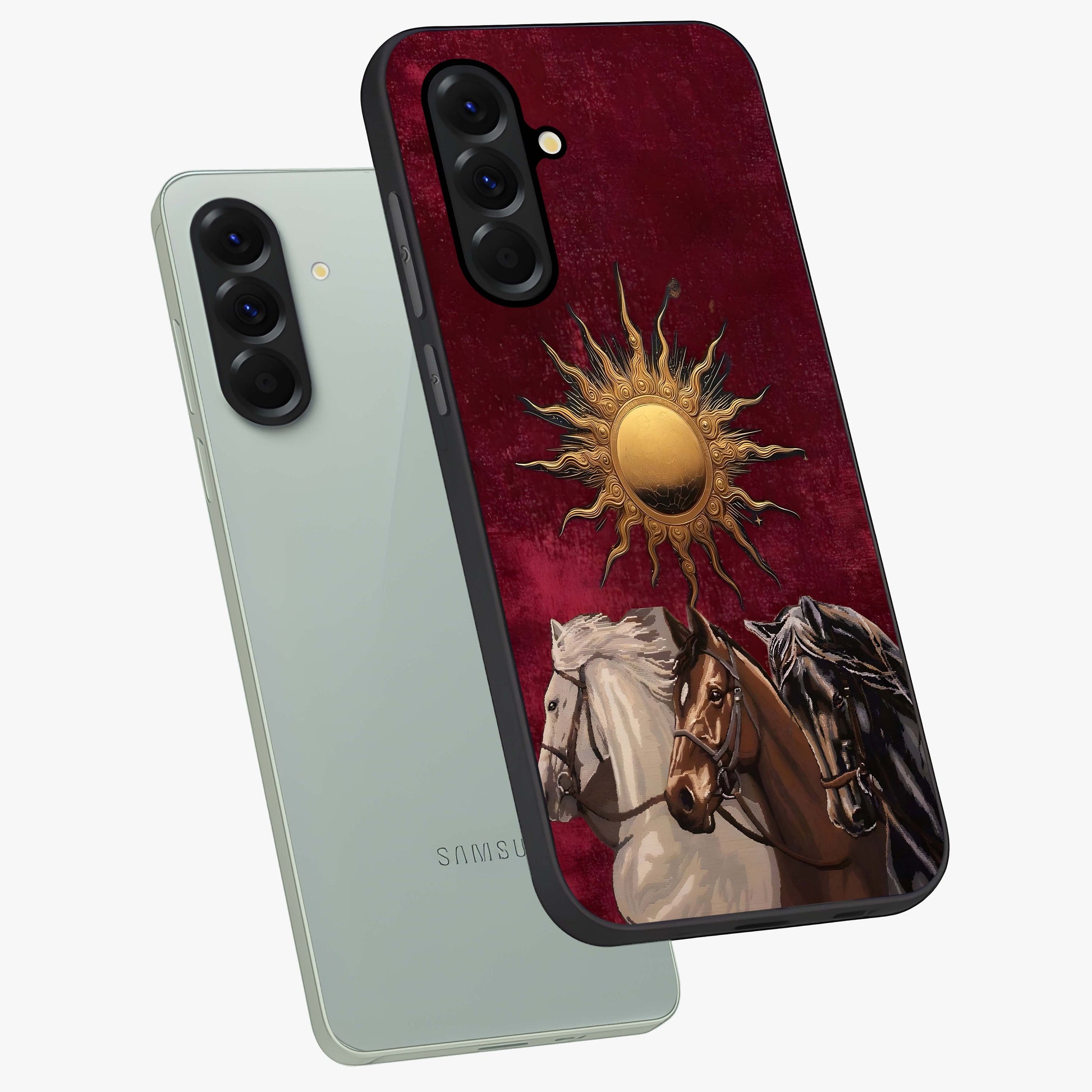 Solar Riders Glass Case displayed in angled mockup highlighting powerful rider illustration with radiant solar aesthetic.