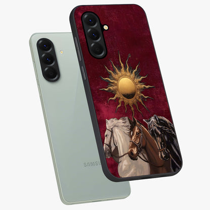 Solar Riders Glass Case displayed in angled mockup highlighting powerful rider illustration with radiant solar aesthetic.