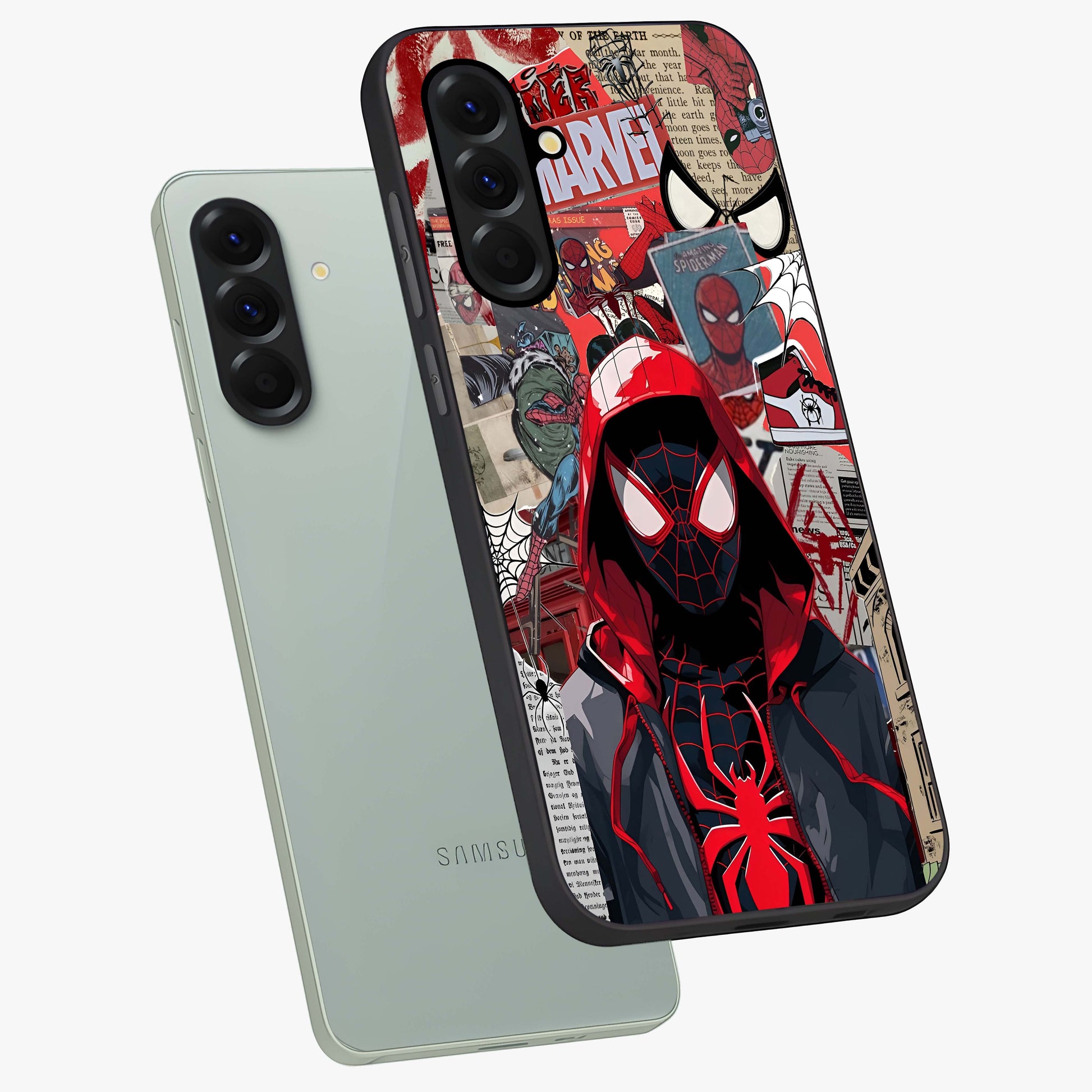 Spider Collage Street Glass Case displayed in angled mockup highlighting dynamic street style collage design with comic aesthetic.