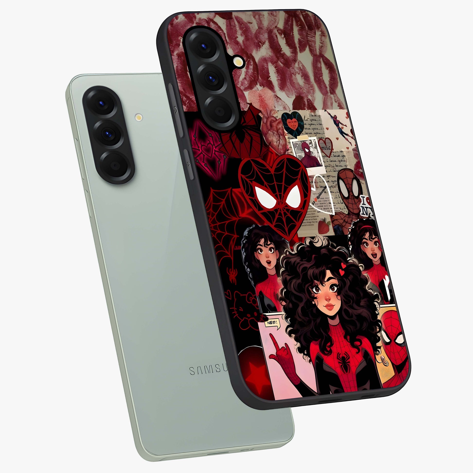 Spider Love Story Glass Case displayed in angled mockup highlighting expressive comic inspired design with playful aesthetic.