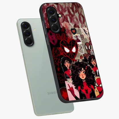 Spider Love Story Glass Case displayed in angled mockup highlighting expressive comic inspired design with playful aesthetic.