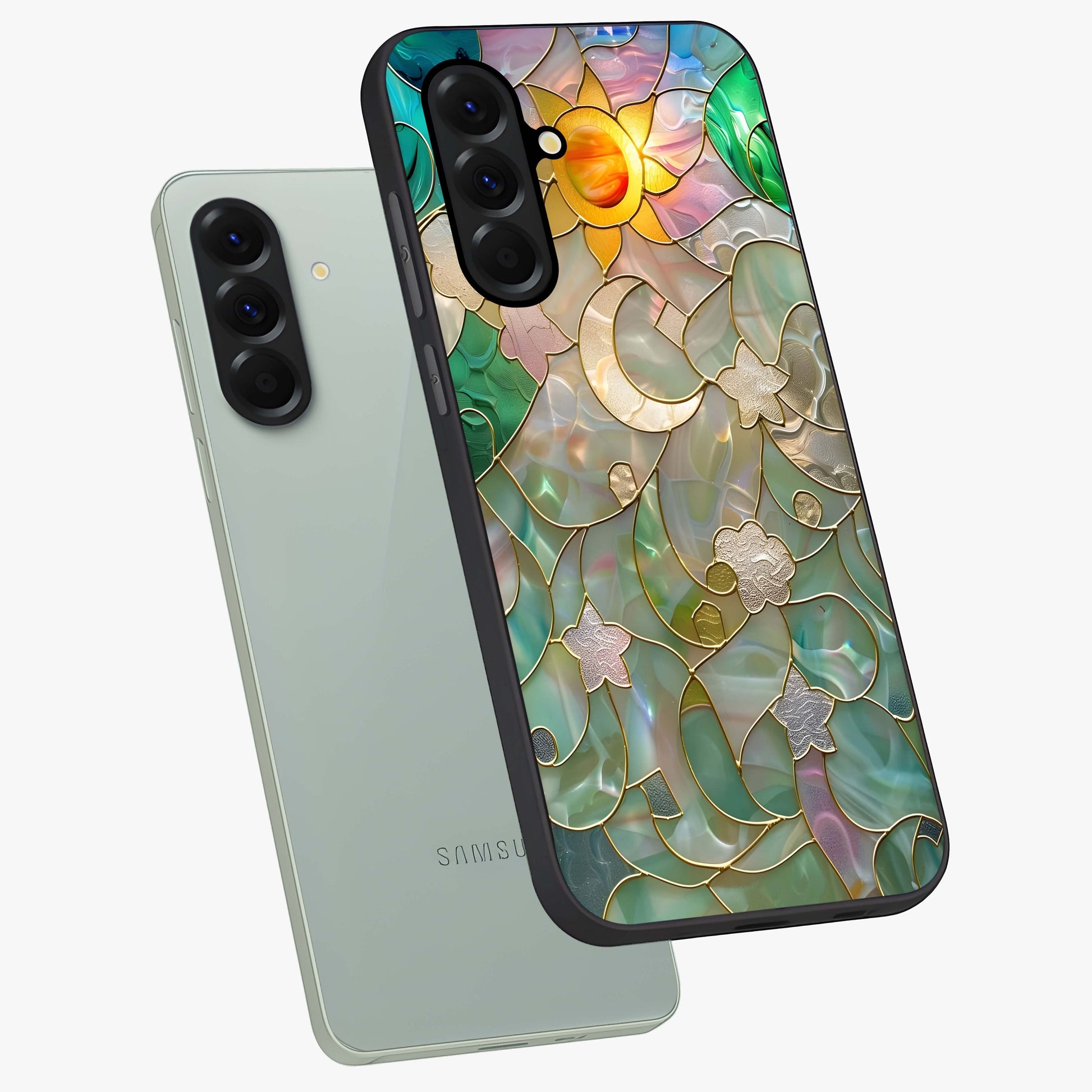 Stained Sunrise Glow Glass Case displayed in angled mockup highlighting radiant sunrise design with artistic aesthetic style.