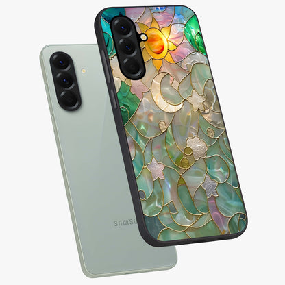 Stained Sunrise Glow Glass Case displayed in angled mockup highlighting radiant sunrise design with artistic aesthetic style.