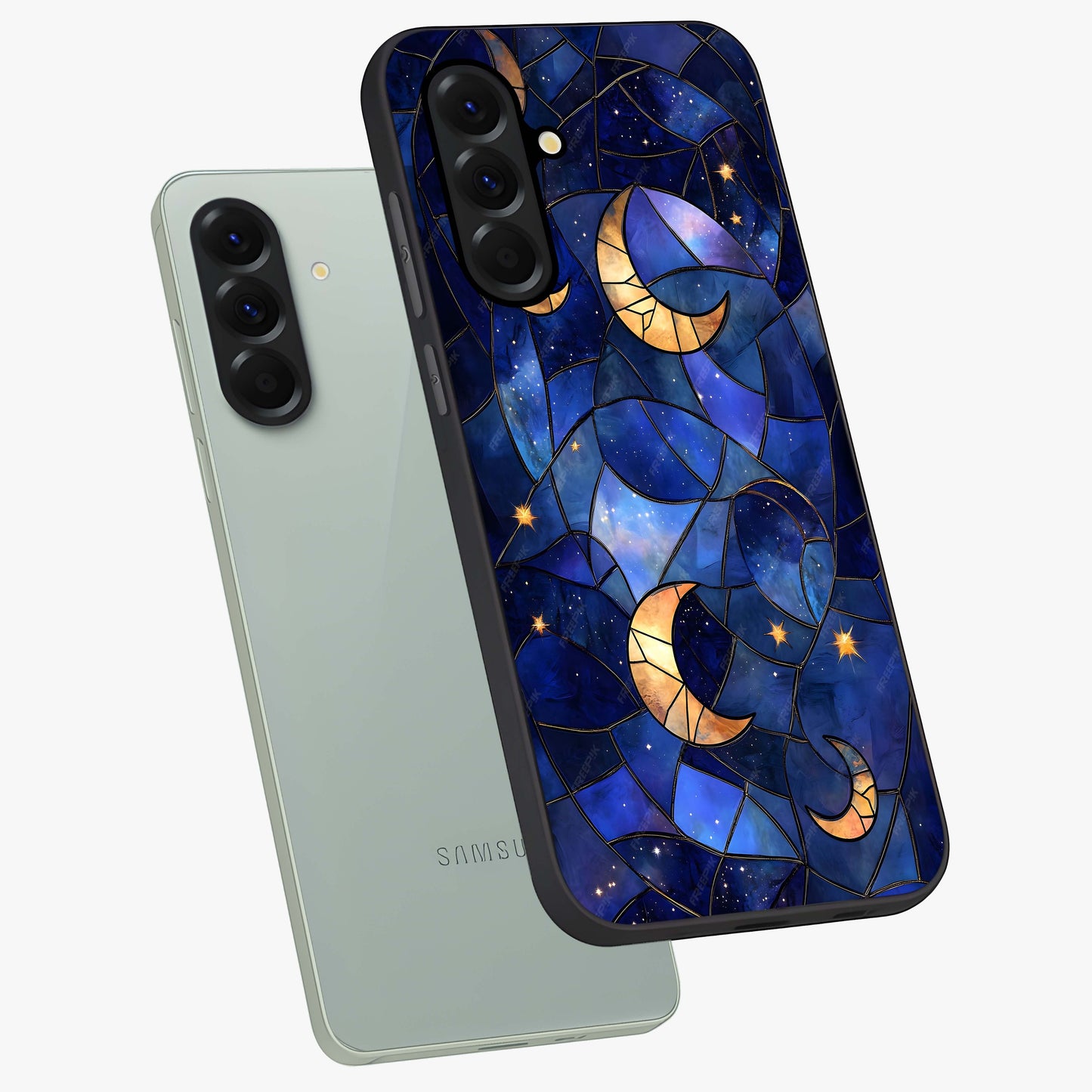 Starlit Sky Tapestry Glass Case displayed in angled mockup highlighting celestial night pattern with artistic aesthetic style.