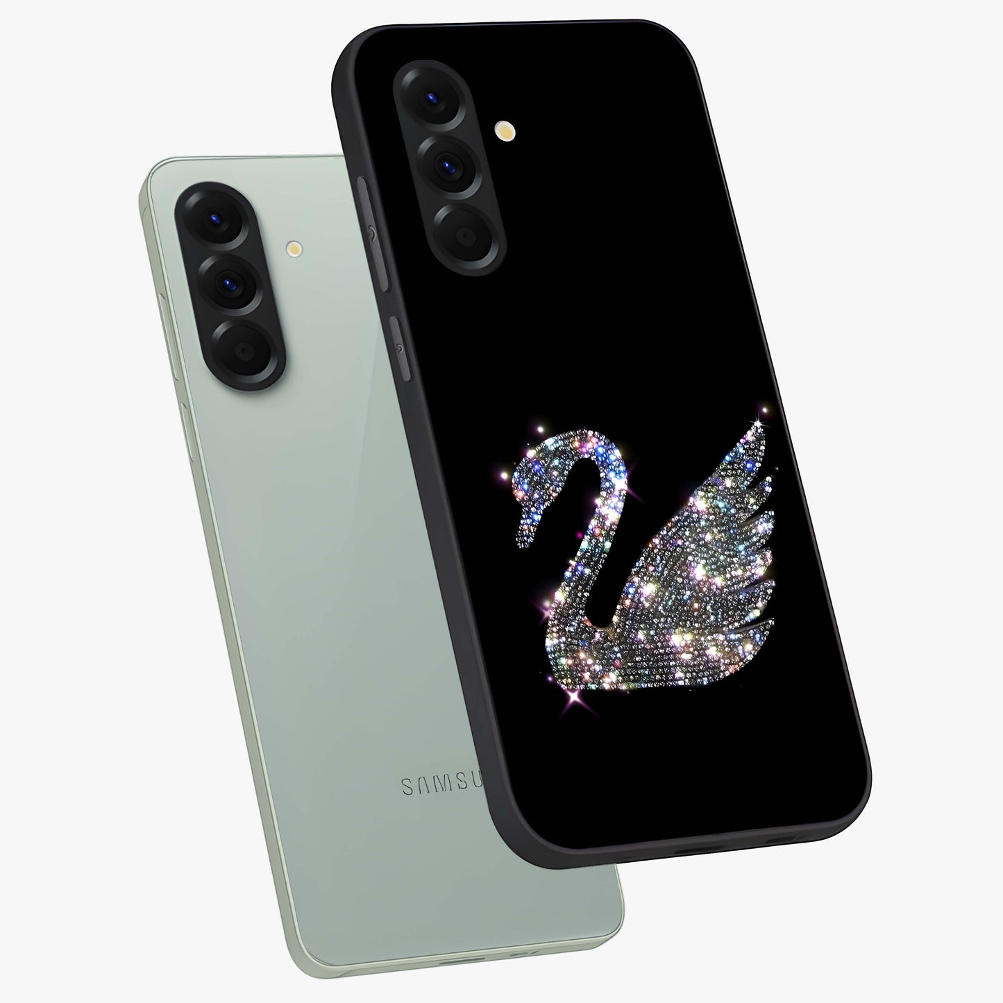 Starlit Swan Grace Glass Case displayed in angled mockup highlighting elegant swan illustration with dreamy celestial aesthetic.