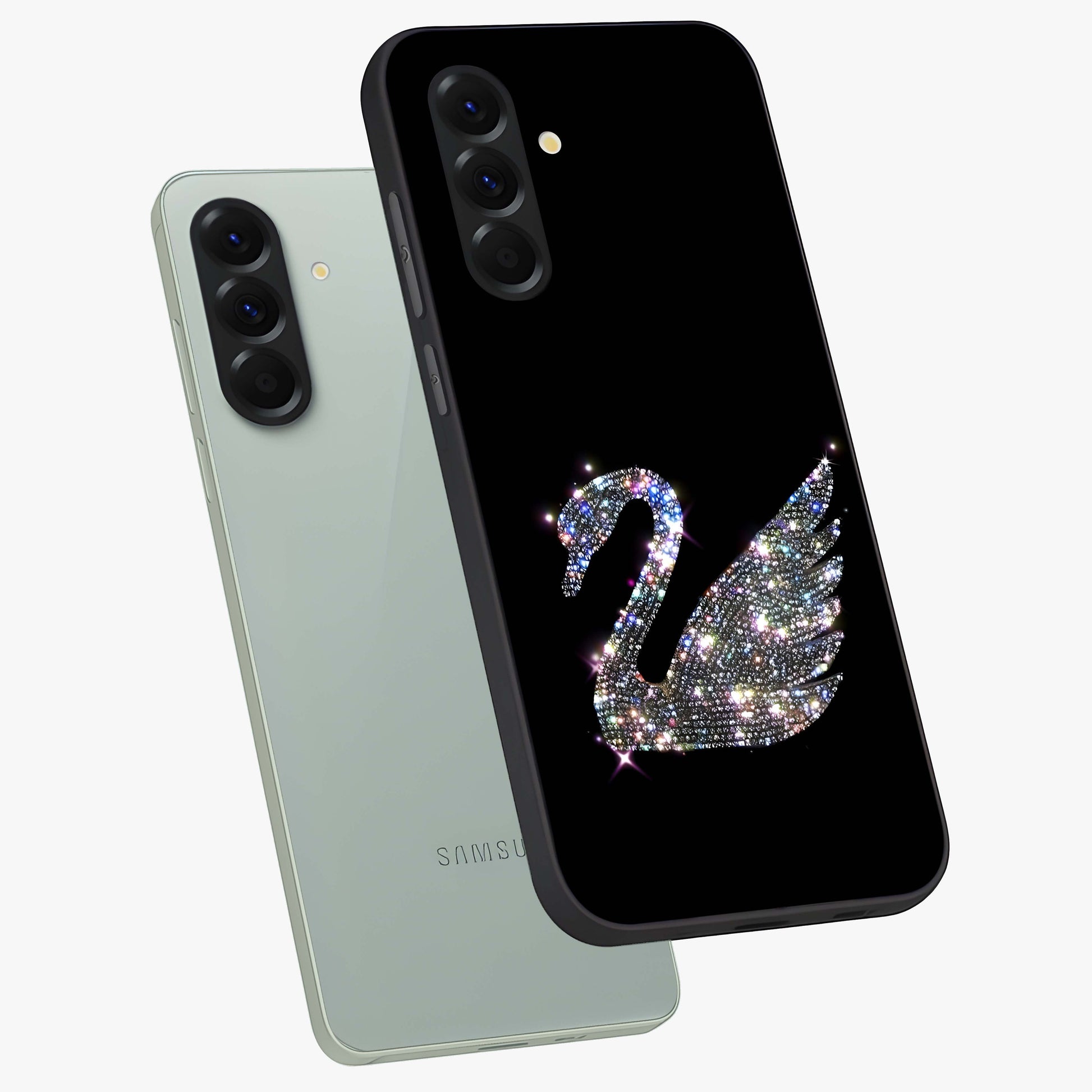 Starlit Swan Grace Glass Case displayed in angled mockup highlighting elegant swan illustration with dreamy celestial aesthetic.