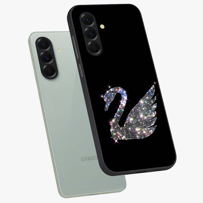 Starlit Swan Grace Glass Case displayed in angled mockup highlighting elegant swan illustration with dreamy celestial aesthetic.