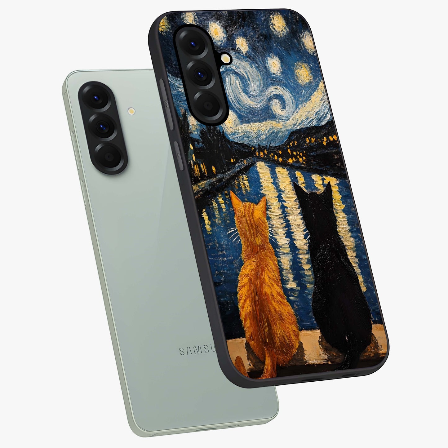 Starry River Cats Glass Case displayed in angled mockup highlighting charming feline illustration with dreamy night aesthetic.
