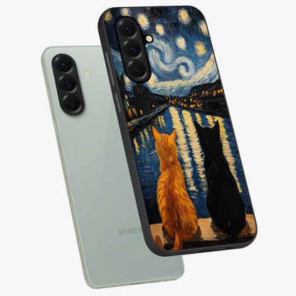 Starry River Cats Glass Case displayed in angled mockup highlighting charming feline illustration with dreamy night aesthetic.