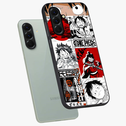 Strawhat Chaos Panels Glass Case displayed in angled mockup highlighting vibrant anime collage design with action aesthetic.