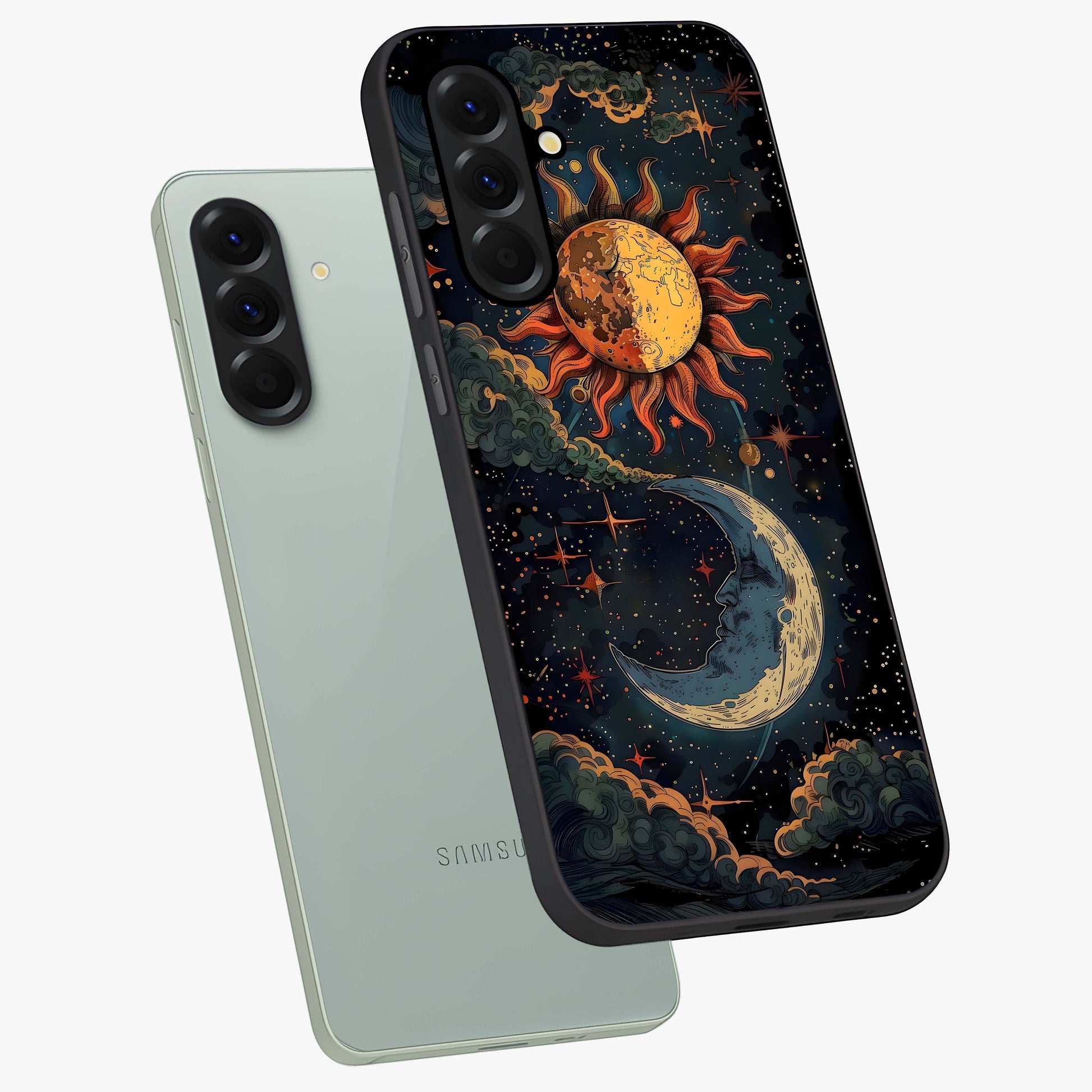 Sun And Moon Magic Design Glass Case displayed in angled mockup highlighting celestial design with magical cosmic aesthetic.