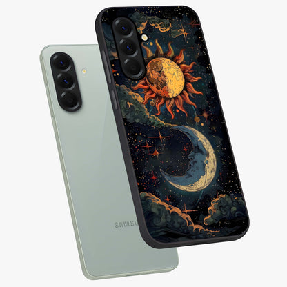 Sun And Moon Magic Design Glass Case displayed in angled mockup highlighting celestial design with magical cosmic aesthetic.