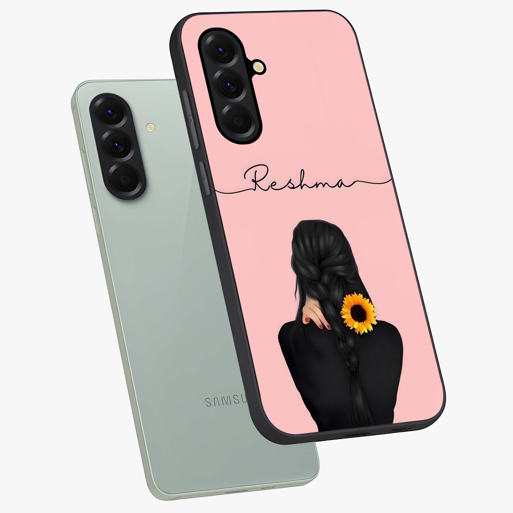 Sunflower Braid Beauty With Custom Name Glass Case displayed in angled mockup highlighting elegant sunflower design with custom name feature.