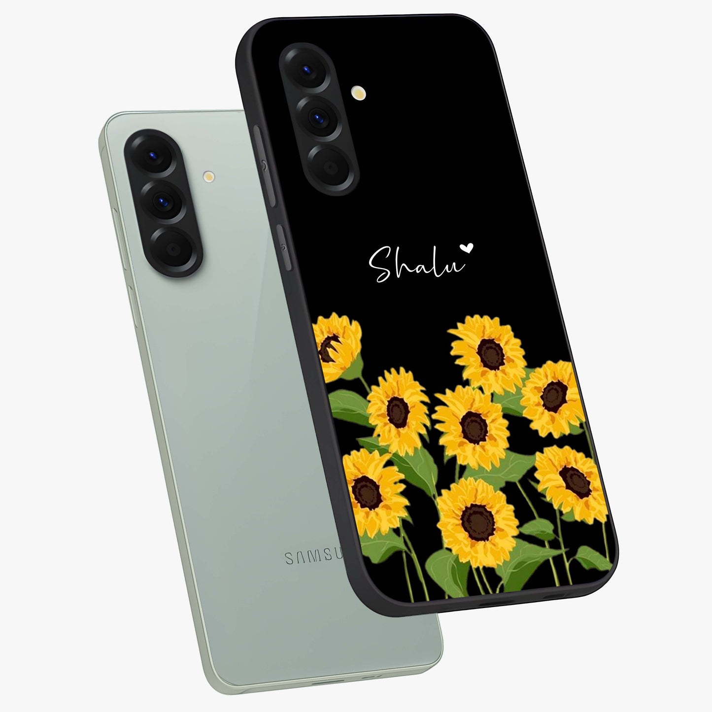 Sunflower Chic Mood Custom Name Glass Case displayed in angled mockup highlighting vibrant sunflower design with custom name feature.
