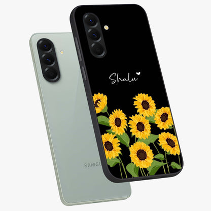 Sunflower Chic Mood Custom Name Glass Case displayed in angled mockup highlighting vibrant sunflower design with custom name feature.