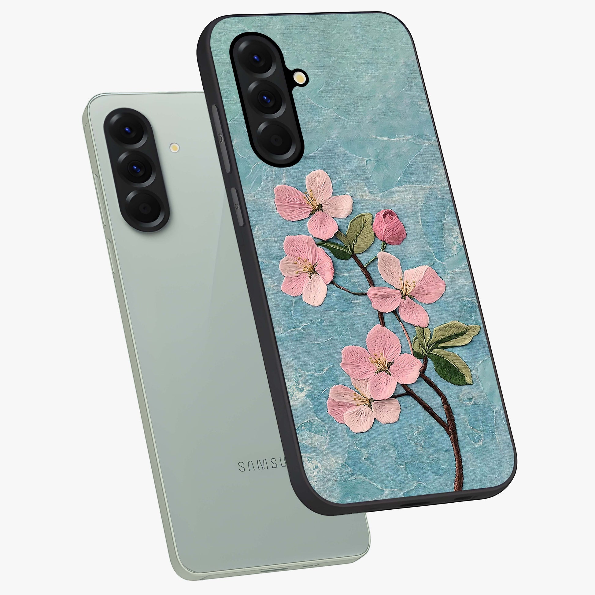Threaded Blossom Breeze Glass Case displayed in angled mockup highlighting elegant floral design with soft aesthetic style.