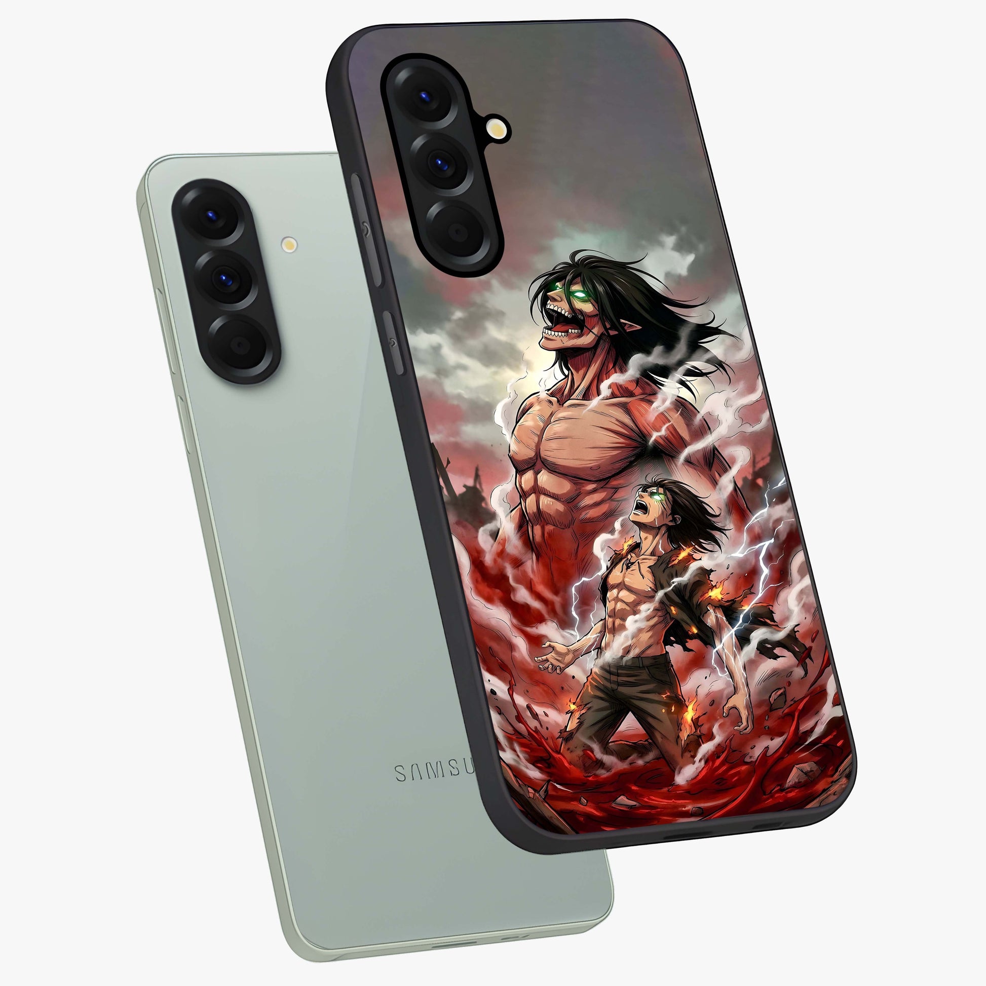 Titan Awakening Fury Glass Case displayed in angled mockup highlighting dramatic giant warrior design with bold anime aesthetic.