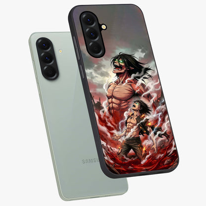 Titan Awakening Fury Glass Case displayed in angled mockup highlighting dramatic giant warrior design with bold anime aesthetic.