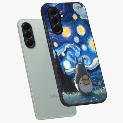 Totoro In Van Gogh Art Glass Case displayed in angled mockup highlighting artistic swirling sky design with playful animation aesthetic.