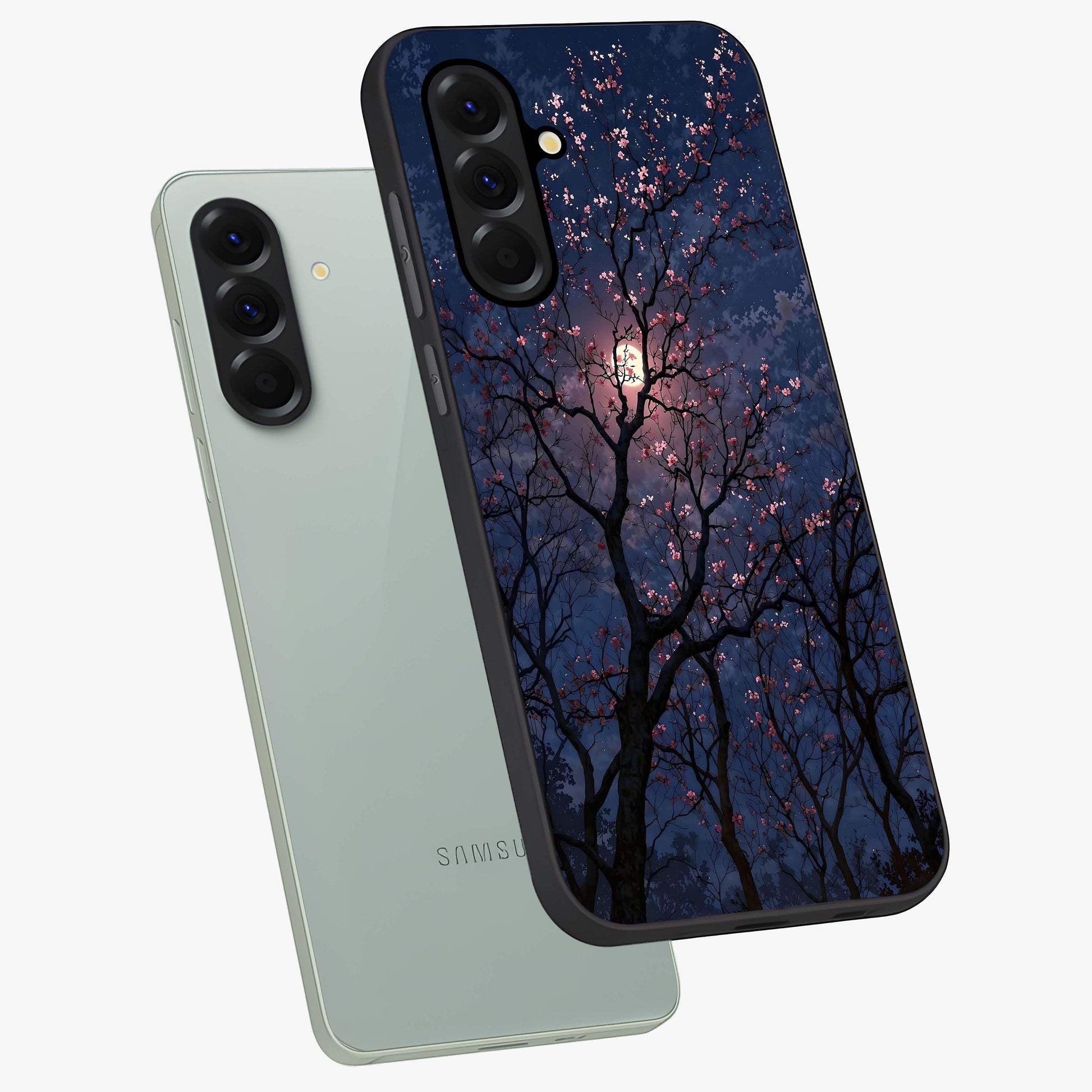 Twilight Sakura Serenade Glass Case displayed in angled mockup highlighting delicate sakura flower design with dreamy aesthetic.