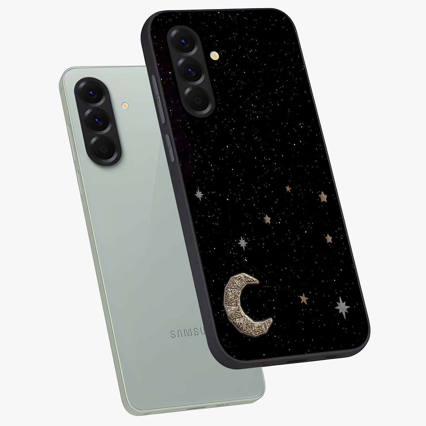 Twinkle Star With Half Moon Glass Case displayed in angled mockup highlighting celestial moon and star design with magical aesthetic.