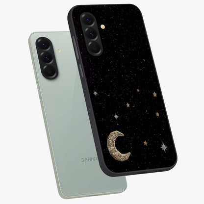 Twinkle Star With Half Moon Glass Case displayed in angled mockup highlighting celestial moon and star design with magical aesthetic.