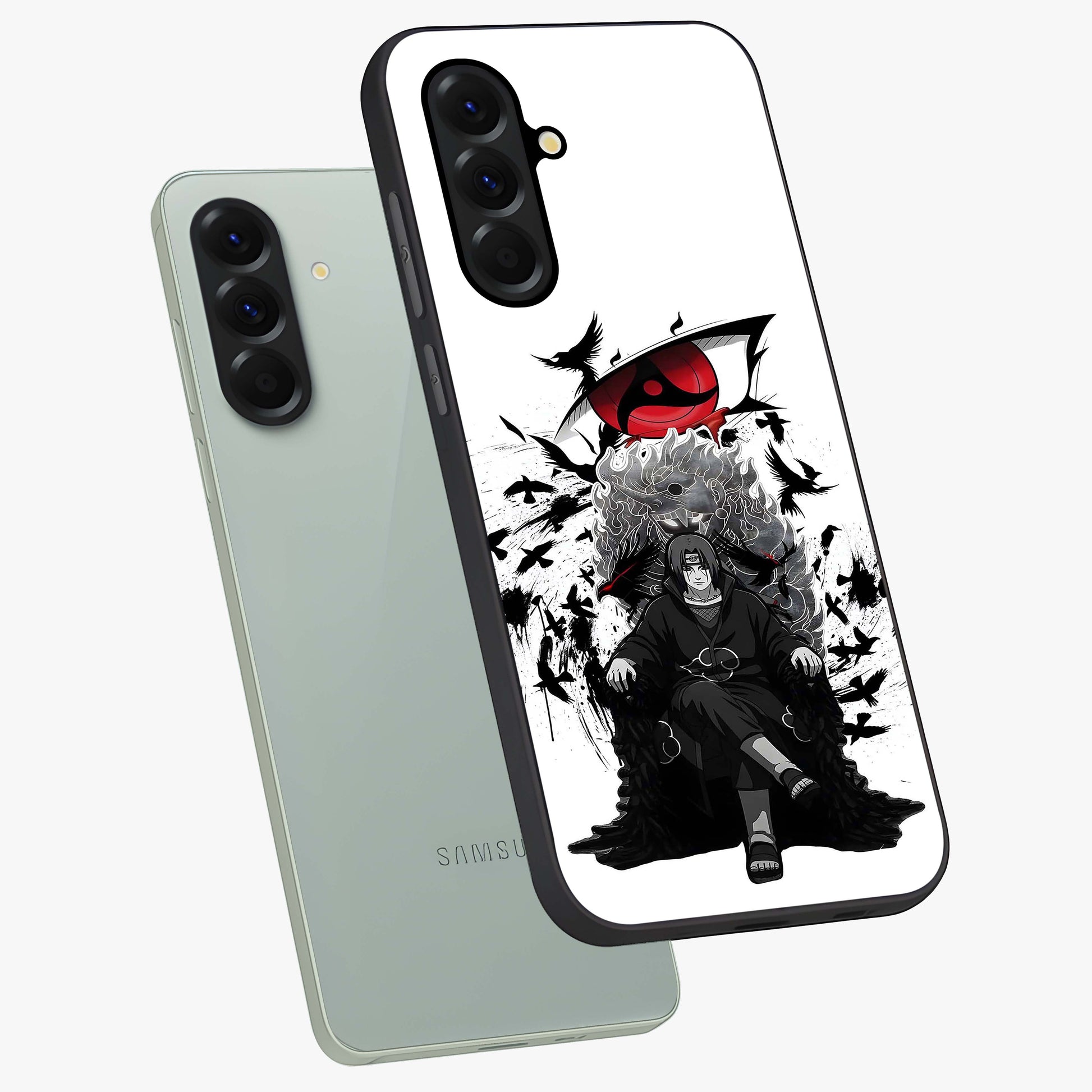 Uchiha Shadow Throne Glass Case displayed in angled mockup highlighting glowing aquatic design with celestial aesthetic.