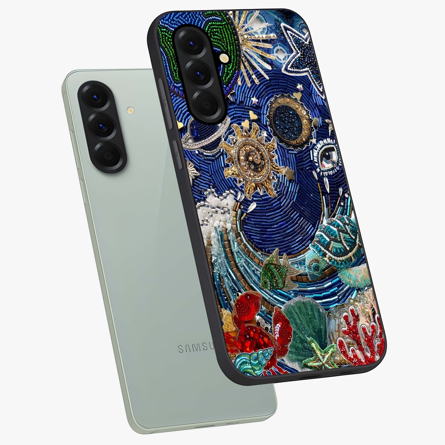 Universe Underwater Spark Glass Case displayed in angled mockup highlighting glowing aquatic design with celestial aesthetic.