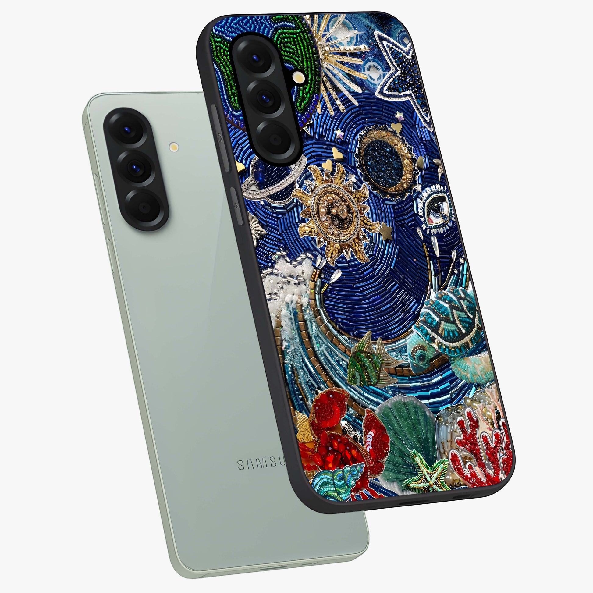 Universe Underwater Spark Glass Case displayed in angled mockup highlighting glowing aquatic design with celestial aesthetic.