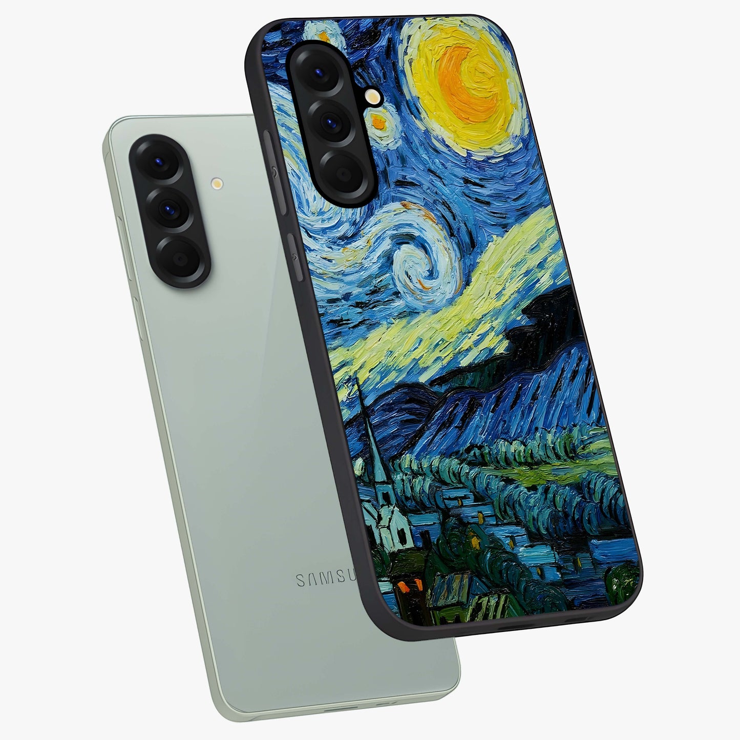 Van Gogh Art Glass Case displayed in angled mockup highlighting swirling brushstroke design with artistic aesthetic.