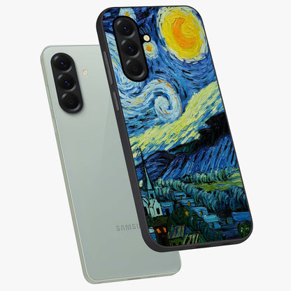 Van Gogh Art Glass Case displayed in angled mockup highlighting swirling brushstroke design with artistic aesthetic.