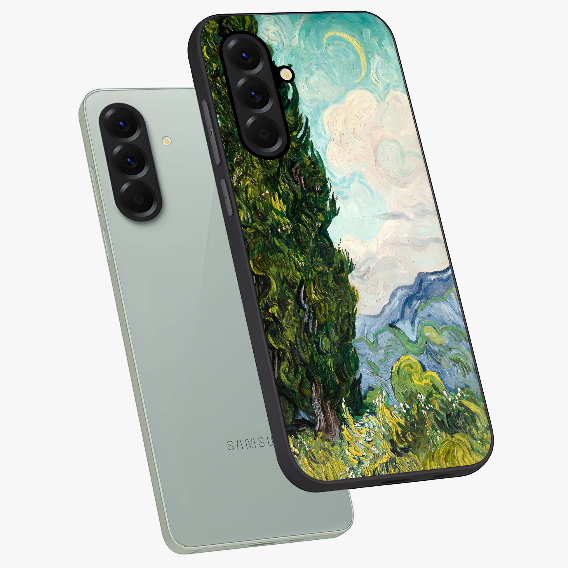 Van Gogh Vintage Art Glass Case displayed in angled mockup highlighting textured brushstroke design with classic aesthetic.