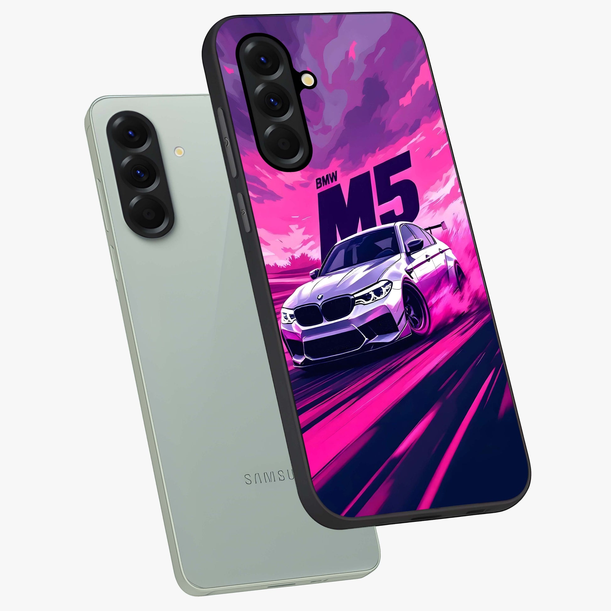 Velocity Drift Pulse Glass Case displayed in angled mockup highlighting dynamic drift design with sporty automotive aesthetic.