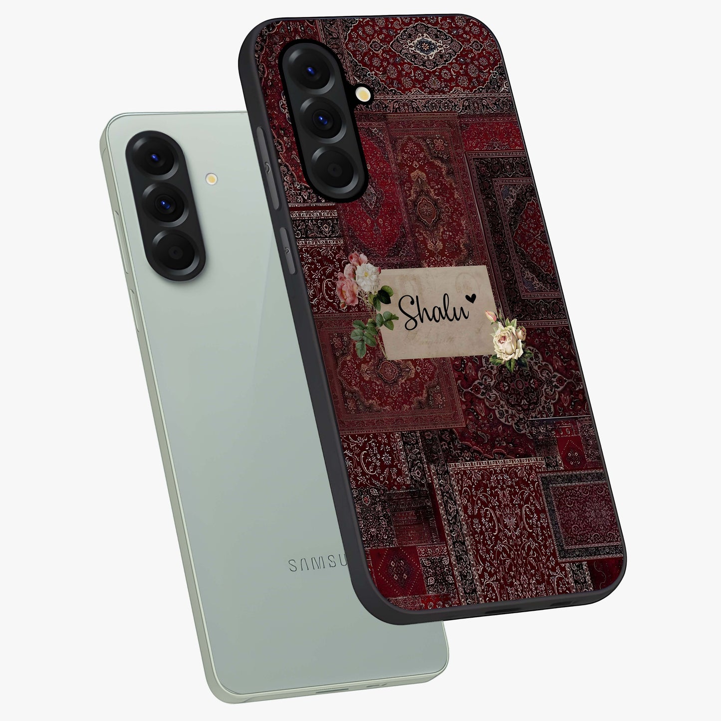 Velvet Wine Pattern Custom Name Glass Case displayed in angled mockup highlighting decorative velvet inspired design with custom name feature.
