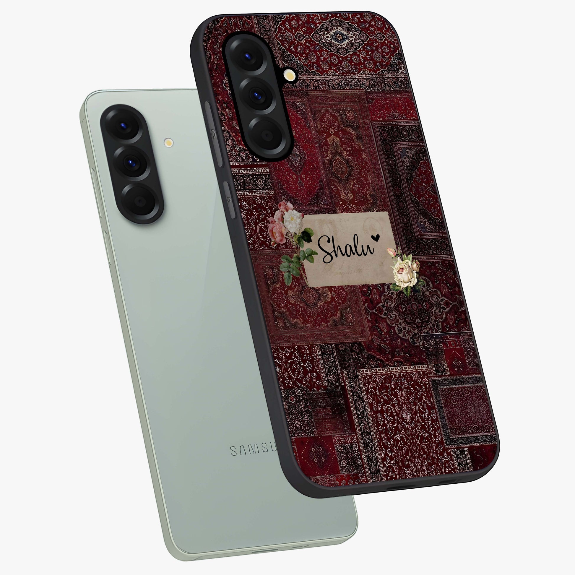 Velvet Wine Pattern Custom Name Glass Case displayed in angled mockup highlighting decorative velvet inspired design with custom name feature.
