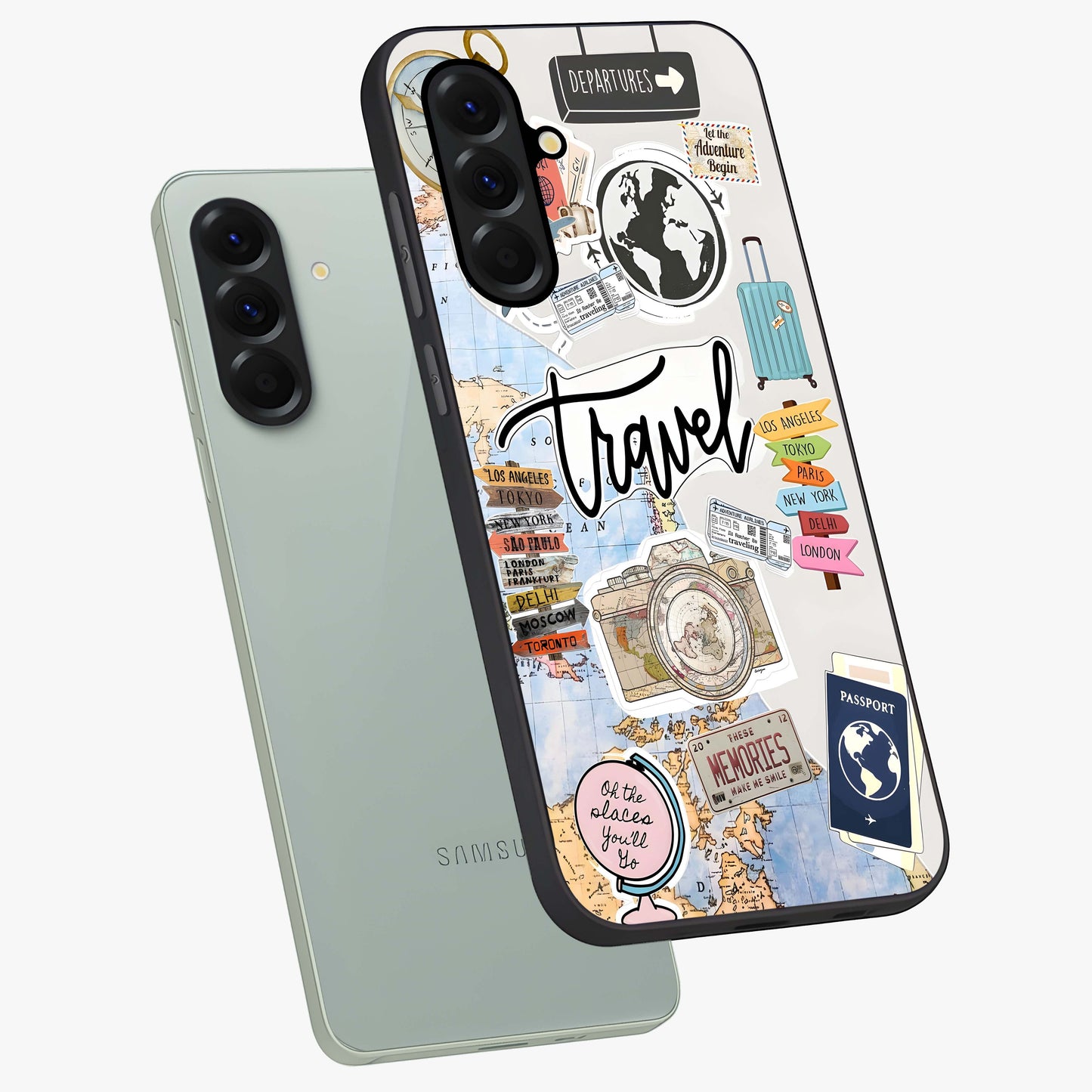 Wanderlust Journal Glass Case displayed in angled mockup highlighting adventure themed design with aesthetic travel vibe.