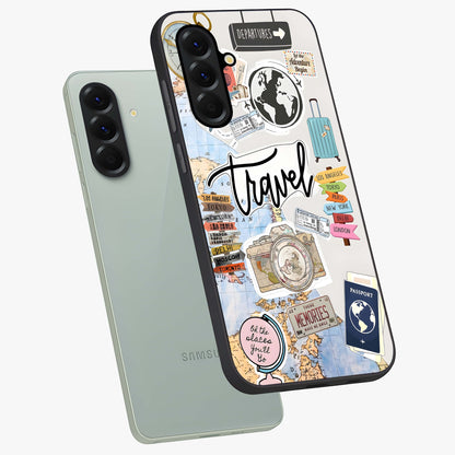 Wanderlust Journal Glass Case displayed in angled mockup highlighting adventure themed design with aesthetic travel vibe.