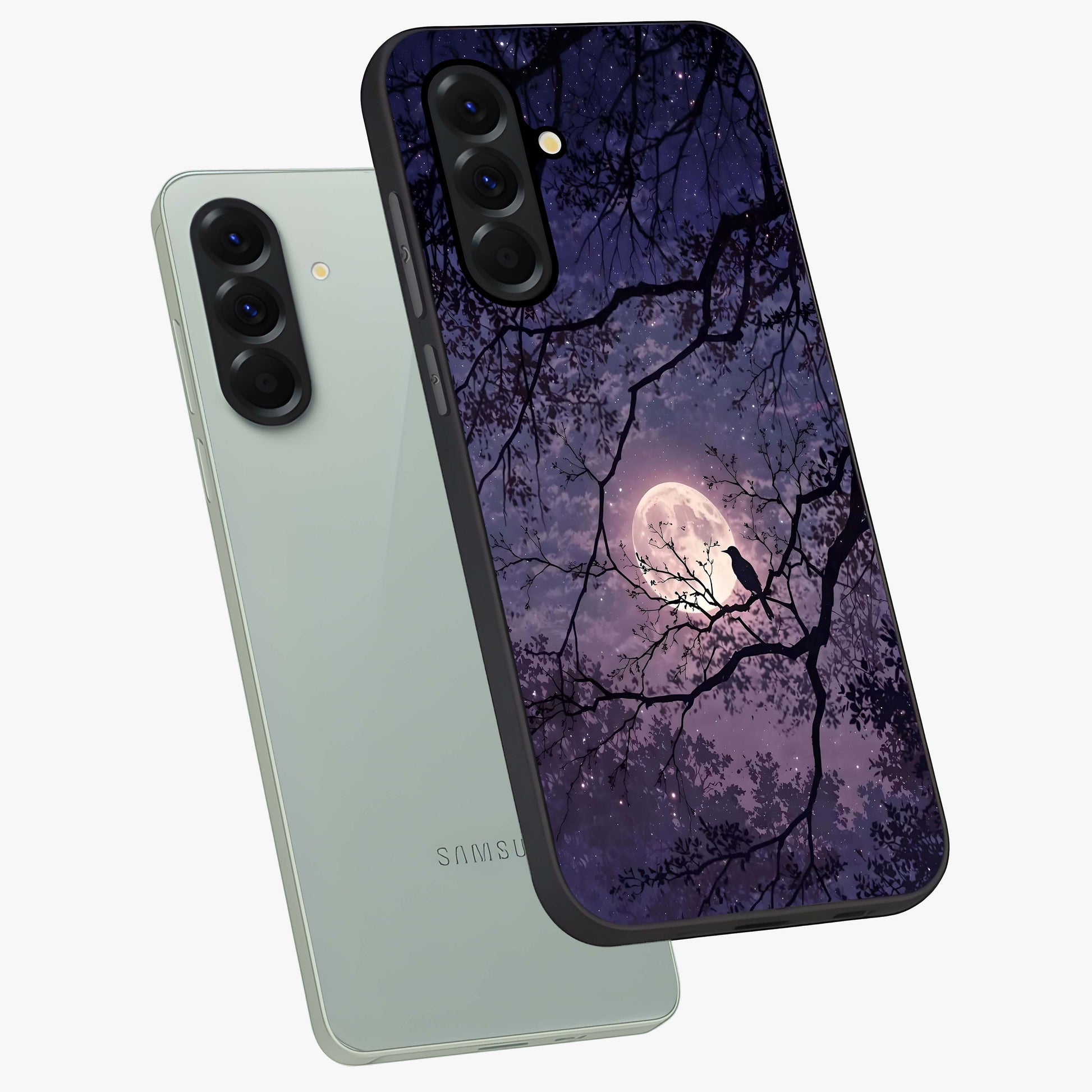 Whispering Moon Silence Glass Case displayed in angled mockup highlighting calm lunar design with dreamy night aesthetic.