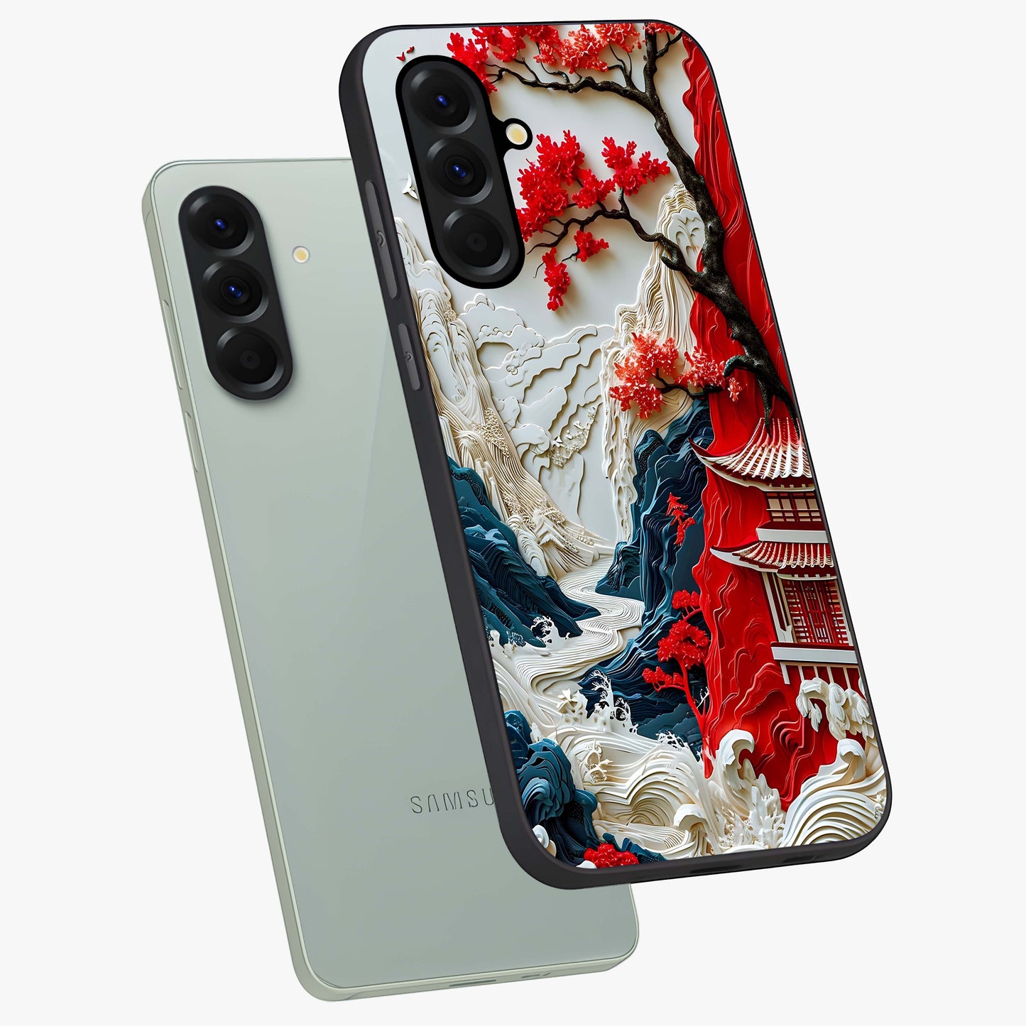 Whispers Of Sakura Waves Glass Case displayed in angled mockup highlighting flowing sakura design with soft floral aesthetic.
